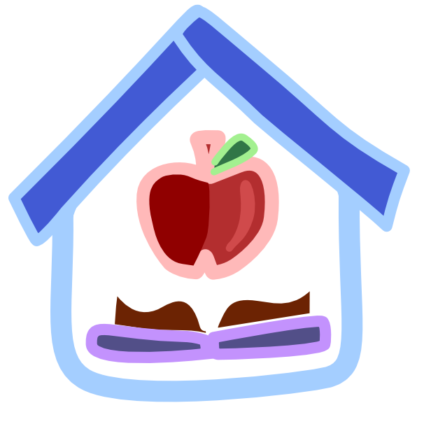 There is a red apple sitting above an open book inside a house-shaped frame. The outline of the house is light blue, the roof is dark blue. The book has a purple cover and is lying flat with its pages facing up. The image has light line art.